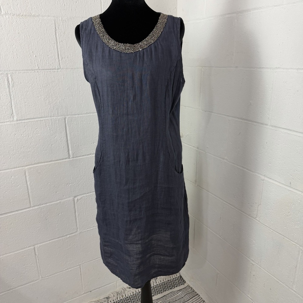 Lina Tomei Dress 100% Linen Italian Beaded Minimal Lagenlook Old Money Beach M